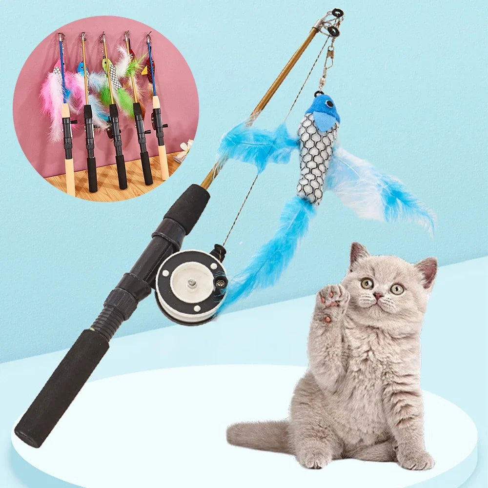 Retractable Feather Cat Toy Wand – Fish Telescopic Stick Cat Wand Toy Qme