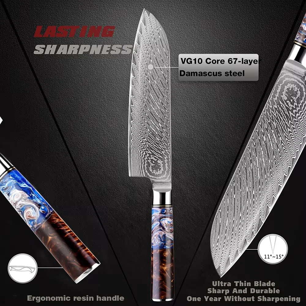 Damascus Steel Chef Knife Set – Sea Blue Resin Handle | Xituo Damascus Knife Set Qst