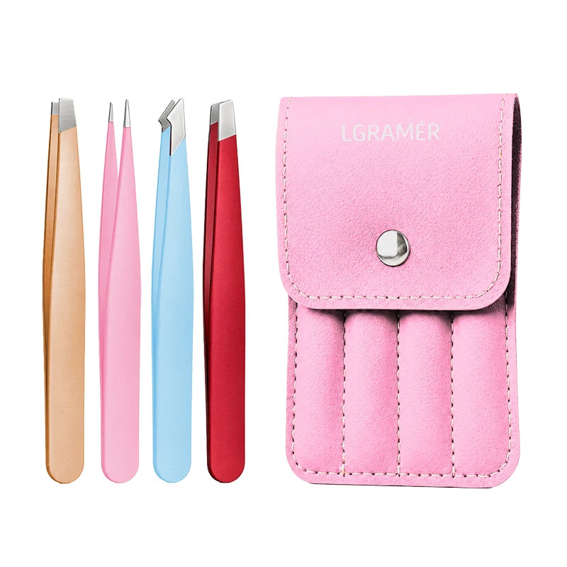 4-Piece Stainless Steel Eyebrow Tweezers Set with PU Case Eyebrow Tweezers Set Qst 4 Colors