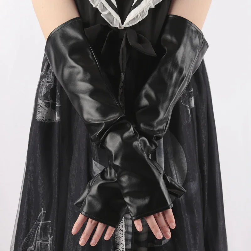 Women Long Fingerless PU Leather Gloves – Arm Warmer Mittens Fingerless Arm Gloves Qme
