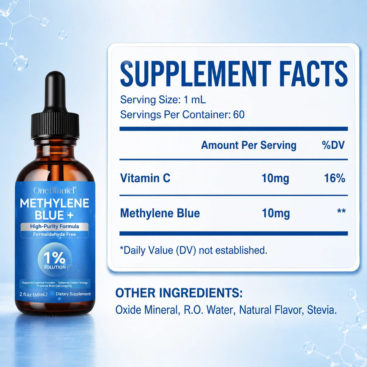 Methylene Blue 1% Drops + Vitamin C | Focus & Clarity 60mL Wellness Supplement Drops Qst