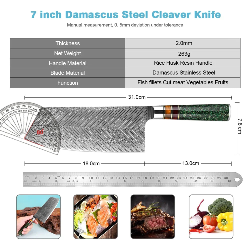 XITUO 7" Damascus Steel Cleaver Knife – Eco Resin Handle Damascus Cleaver Knife Qst