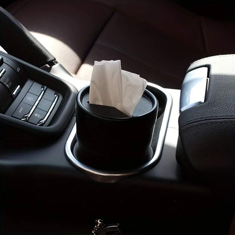 Car Storage Box with Lid & Cup Holder | Lightweight Trash Bin Car Storage Organizer Qme Black