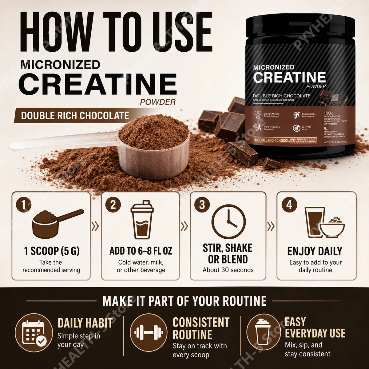 Creatine Monohydrate Powder Chocolate 10.6oz – 60 Servings Creatine Supplement Qst