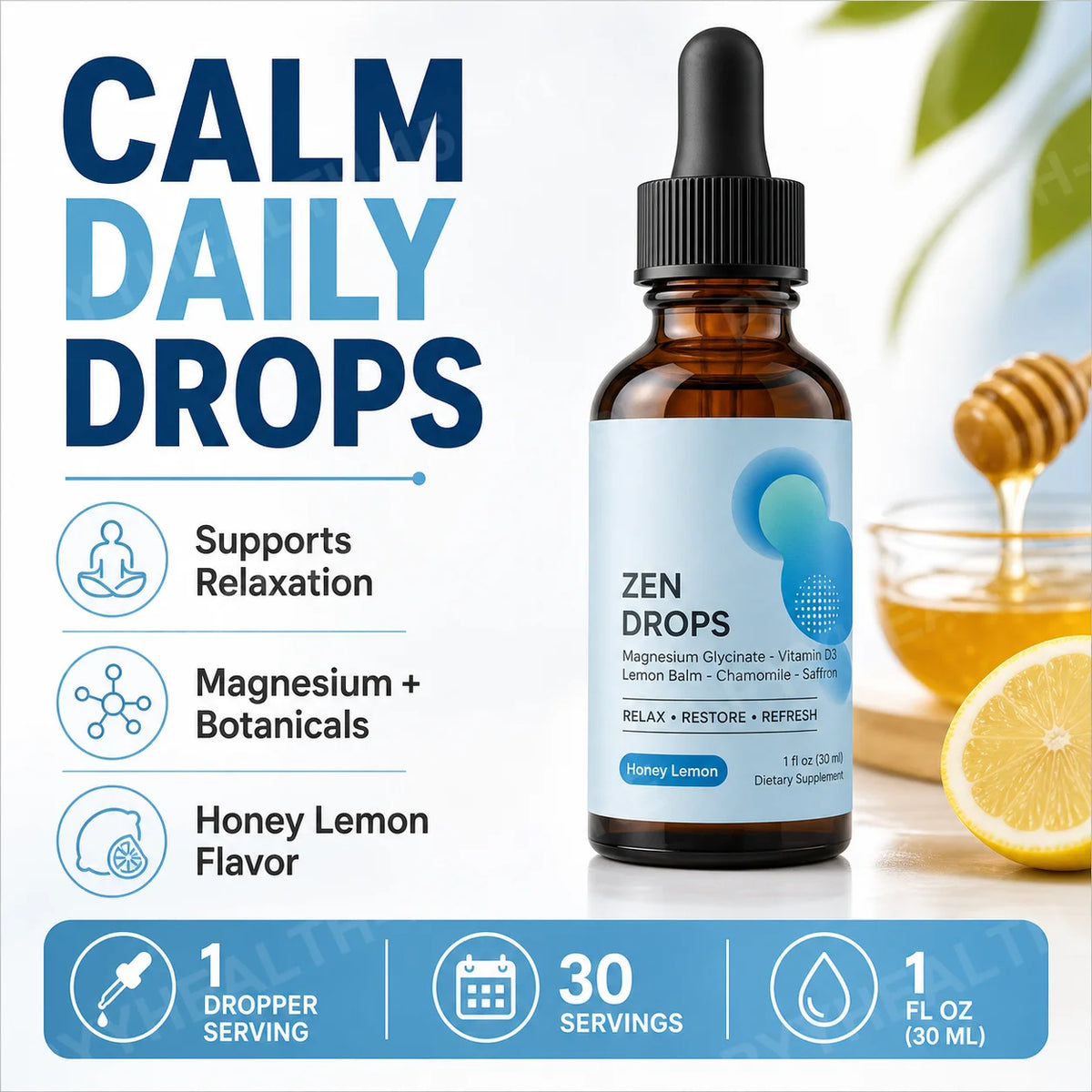 Magnesium Glycinate Liquid Drops – Vitamin D3, L-Theanine, Lemon Balm Liquid Supplement Drops Qst