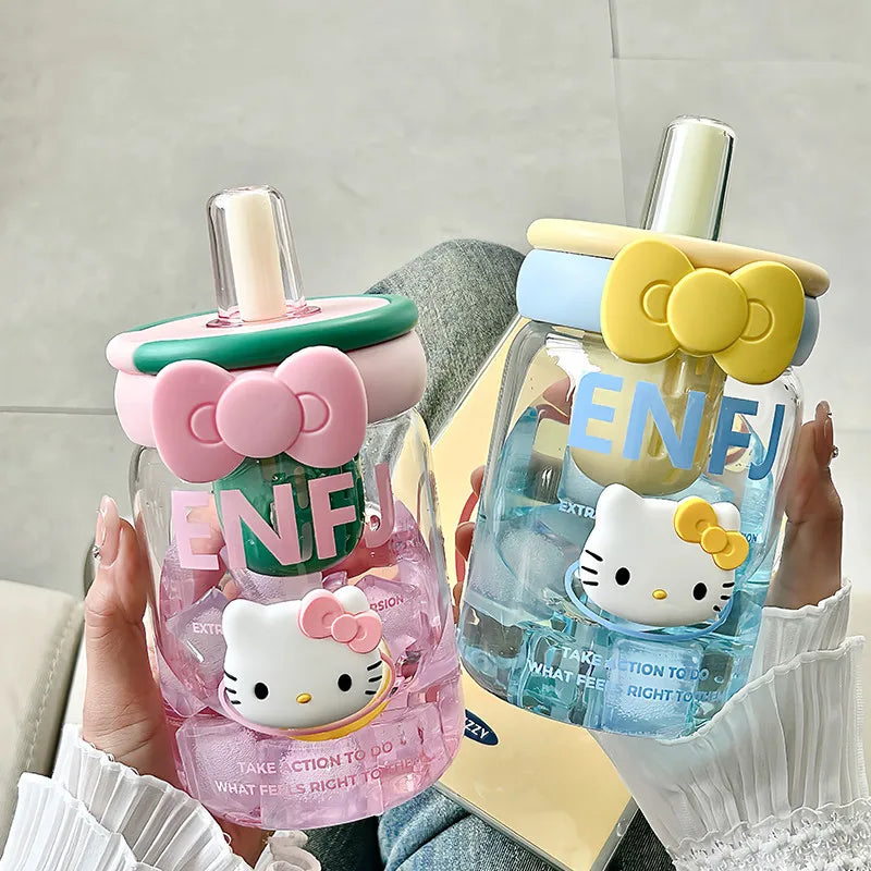 Hello Kitty Glass Cup with Straw & Tea Separator | Cute Office Cup Glass Straw Cup Qme
