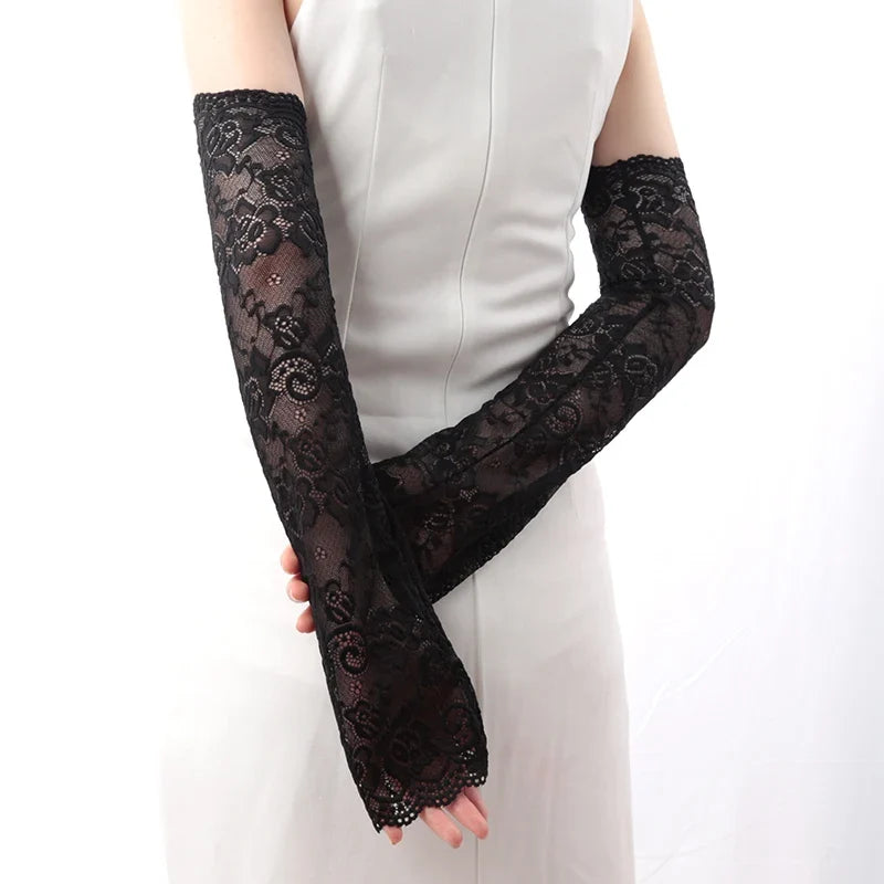 Women's Long Lace Fishnet Mesh Fingerless Gloves 47cm Fingerless Lace Gloves Qme
