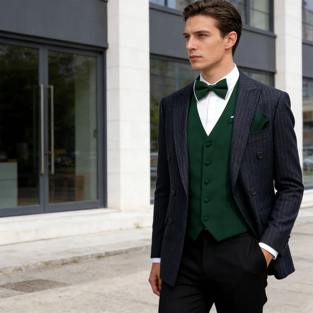 Men's Green Waistcoat & Bow Tie Set | Classic V-Neck Formal Waistcoat & Bow Tie Set Qme