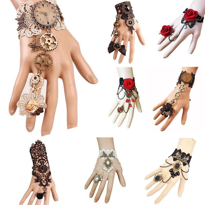 Women's Steampunk Fingerless Gloves – Victorian Lace Wrist Cuff Costume Wrist Gloves Qst