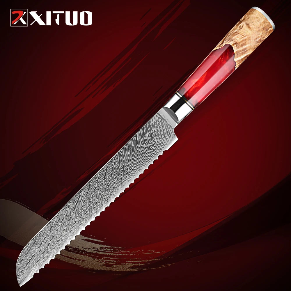 XITUO 8-Inch Damascus Steel Serrated Bread Knife | Ergonomic Serrated Bread Knife Qst Bread Knife