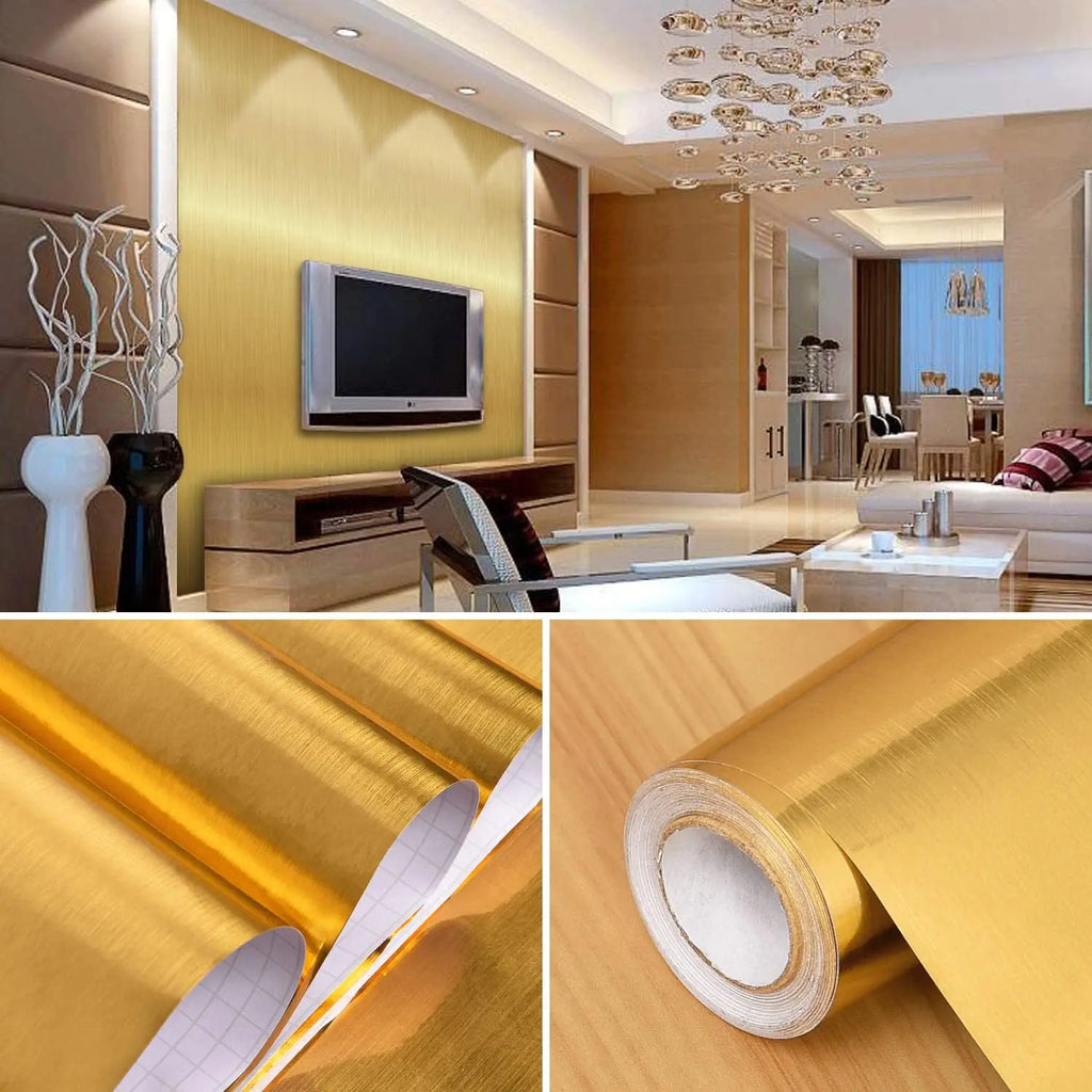 Gold Metallic Self-Adhesive Wallpaper | Waterproof Kitchen Foil Self-Adhesive Wallpaper Qme