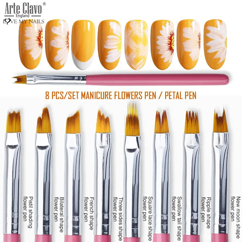 Arte Clavo 8-Piece Nail Art Brush Set – Flower & Gradient Nail Art Brush Set Qme