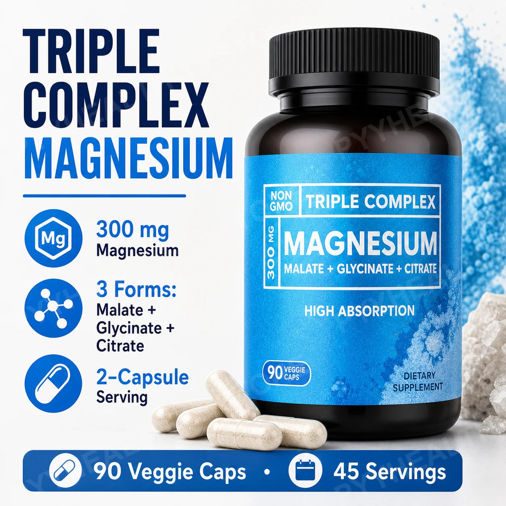 Triple Magnesium Complex 300mg – Malate Glycinate Citrate, 90 Caps Mineral Supplement Qst