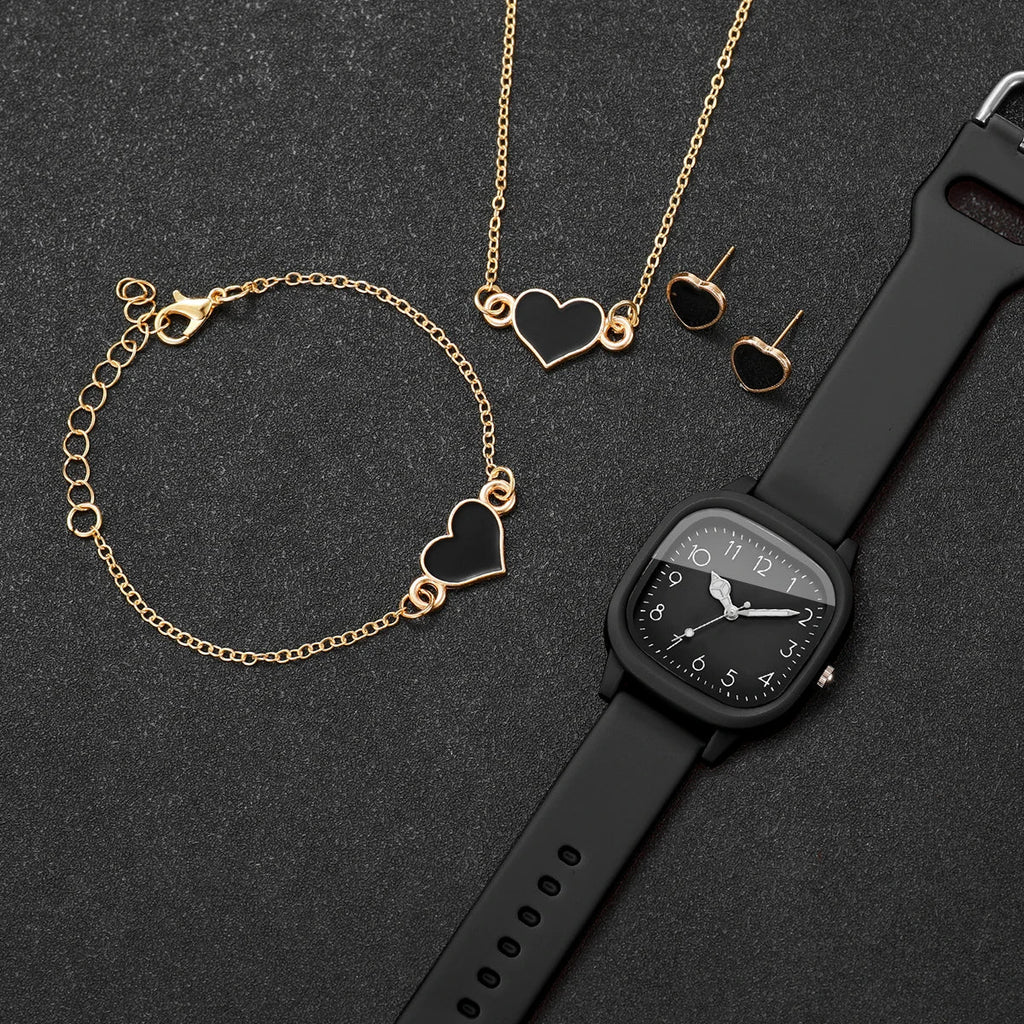 Women's 4-in-1 Square Watch & Jewelry Set | Black Silicone Watch & Jewelry Set Qme