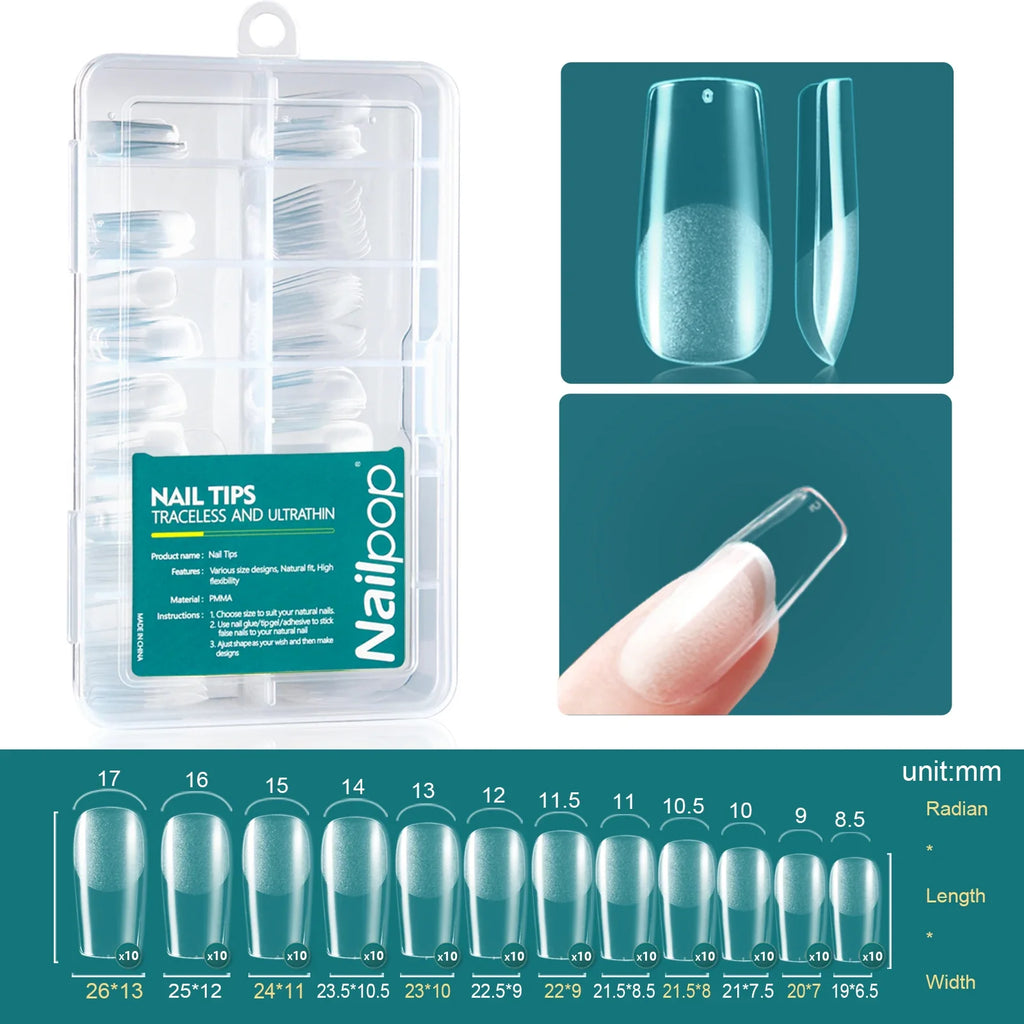 Nailpop Clear Acrylic False Nail Tips 120pcs – 12 Sizes, Reusable False Nail Tips Qme M-Square 120