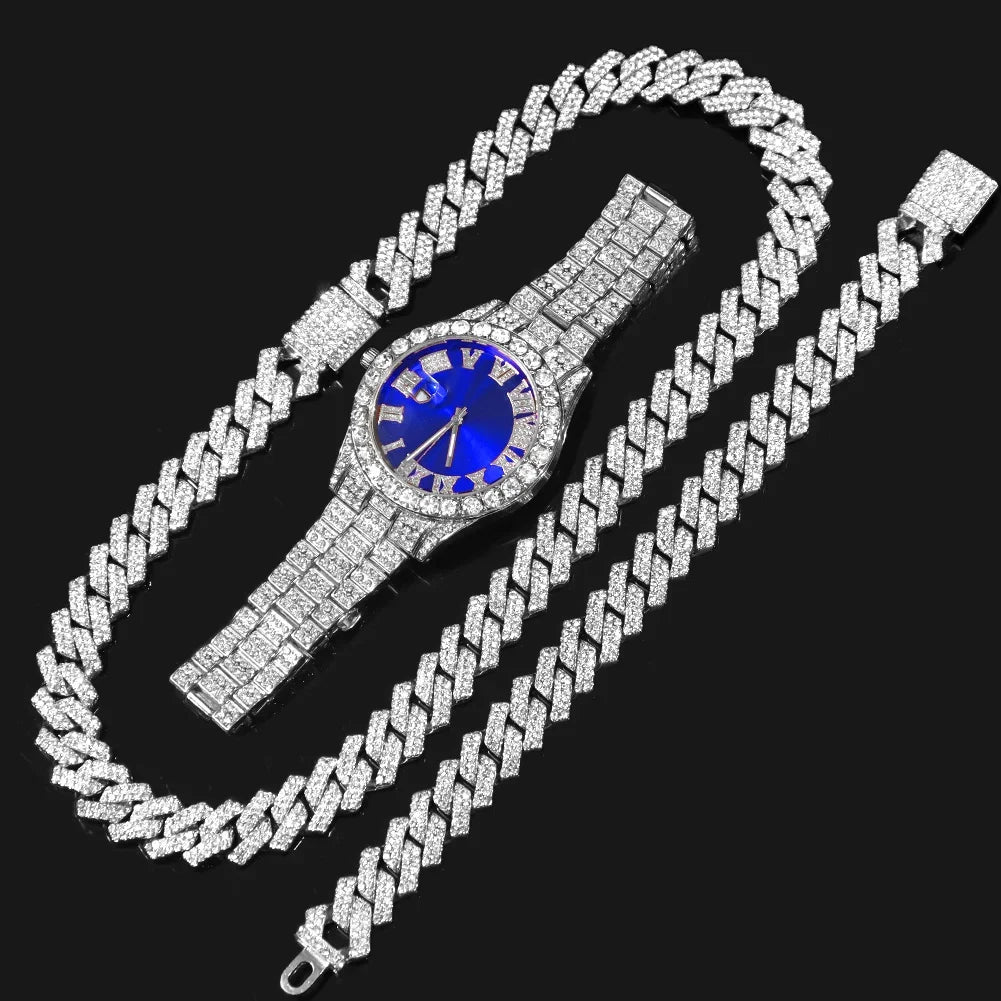 Rhinestone Hip Hop Cuban Chain Wrist Watch Set – 6 Colors Hip Hop Watch Set Qme