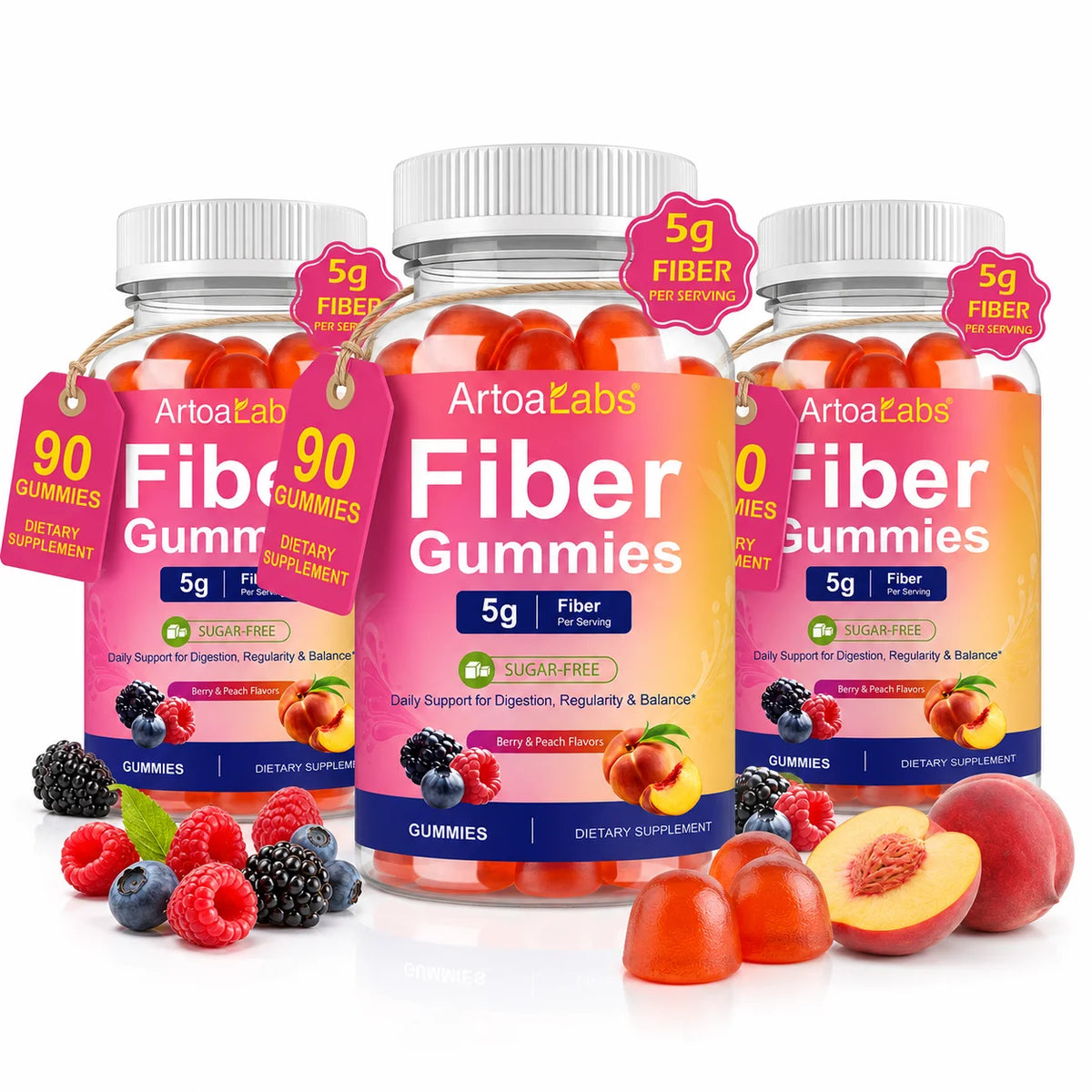 Sugar-Free Fiber Gummies 5g Dietary Fiber Berry Peach Vegan 90ct Fiber Supplement Gummies Qst 3 bottles 90 Gummies