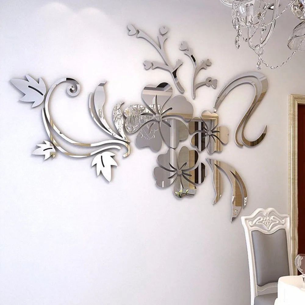 3D Mirror Floral Acrylic Wall Sticker – Removable Mural Decal Acrylic Wall Decal Qme