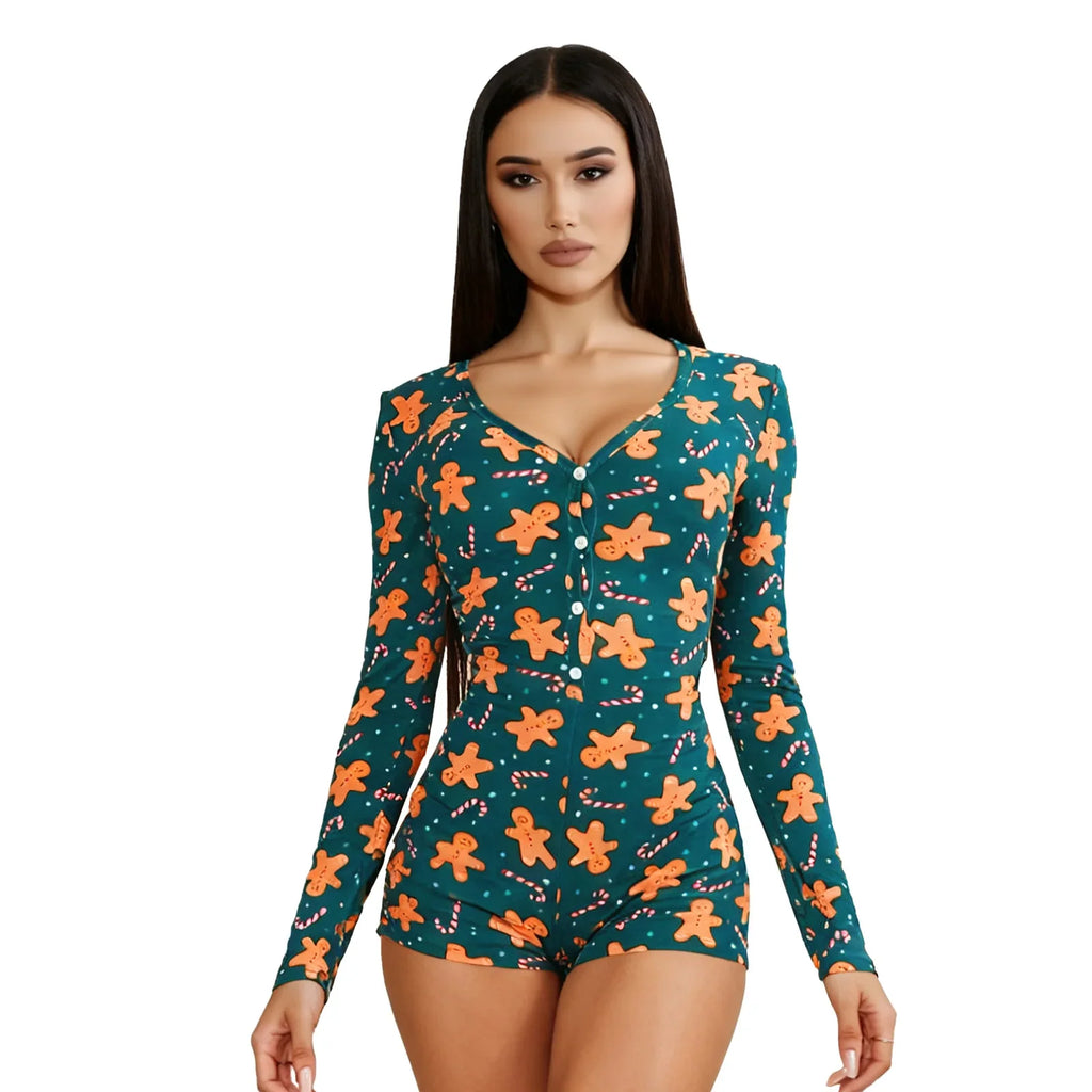 Women's Christmas Gingerbread Long Sleeve Jumpsuit Romper Holiday Costume Jumpsuit Qme green L
