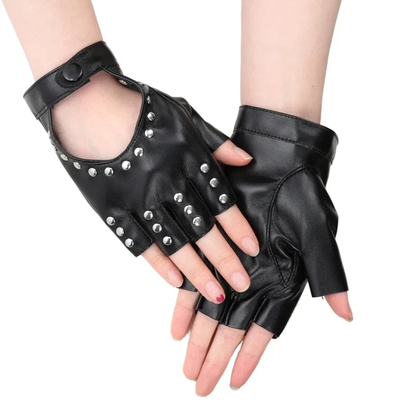 Y2K Gothic Lolita Black Fingerless Gloves – Rivet Punk Style Fingerless Fashion Gloves Qme