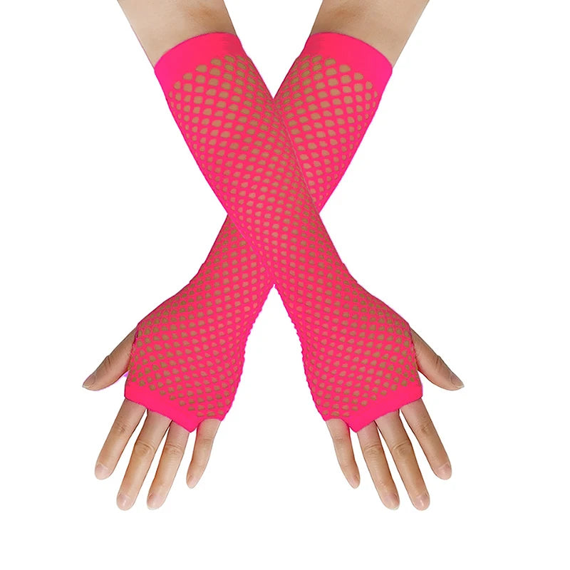 Women's Long Fishnet Fingerless Gloves – Punk Rock Arm Warmers Fishnet Arm Warmers Qst Rose red