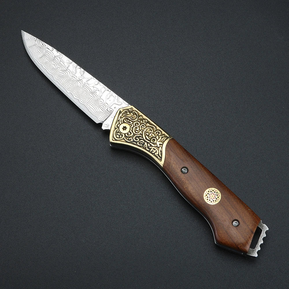 XUANFENG Damascus Steel Folding Knife – Brass Pocket Knife Folding Pocket Knife Qst