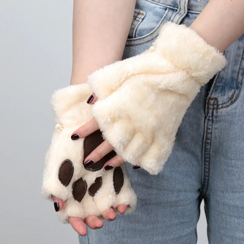 Women's Plush Cat Claw Gloves – Cute Bear Paw Fingerless Mittens Fingerless Novelty Gloves Qme Beige One Size