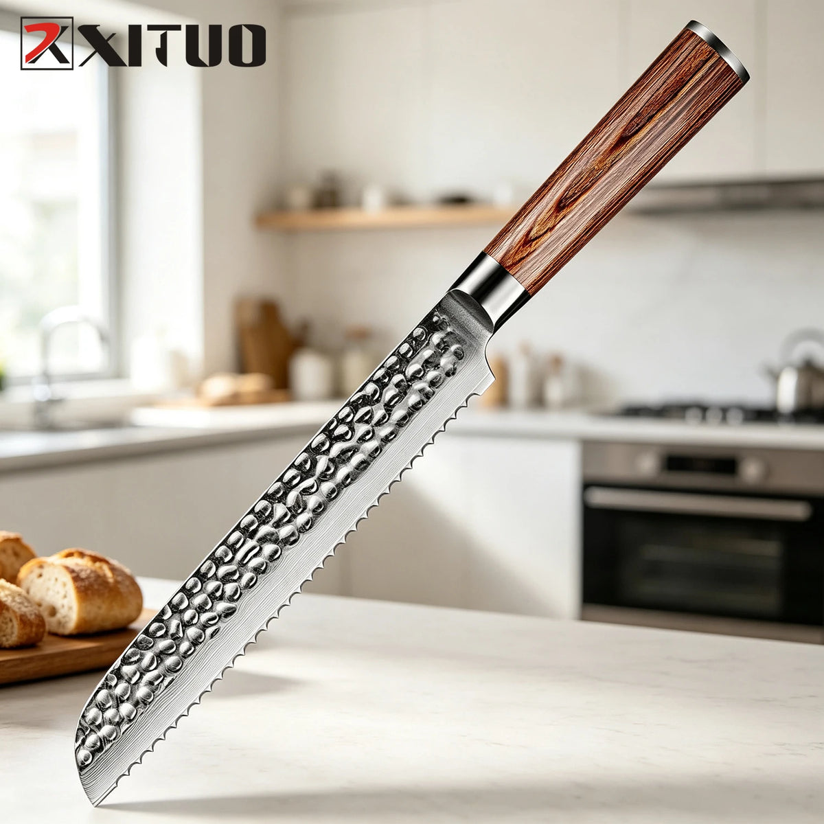XITUO Damascus Steel Kitchen Knife Set – Gold Wood Handle Kitchen Knife Set Qst Bread Knife