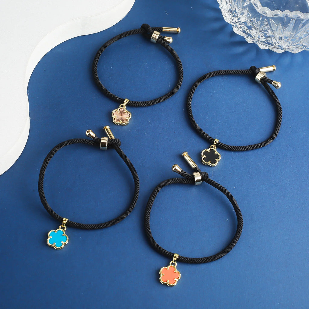 Black Rope Braided Natural Stone Five Leaf Flower Bracelet Stone Flower Bracelet Qme