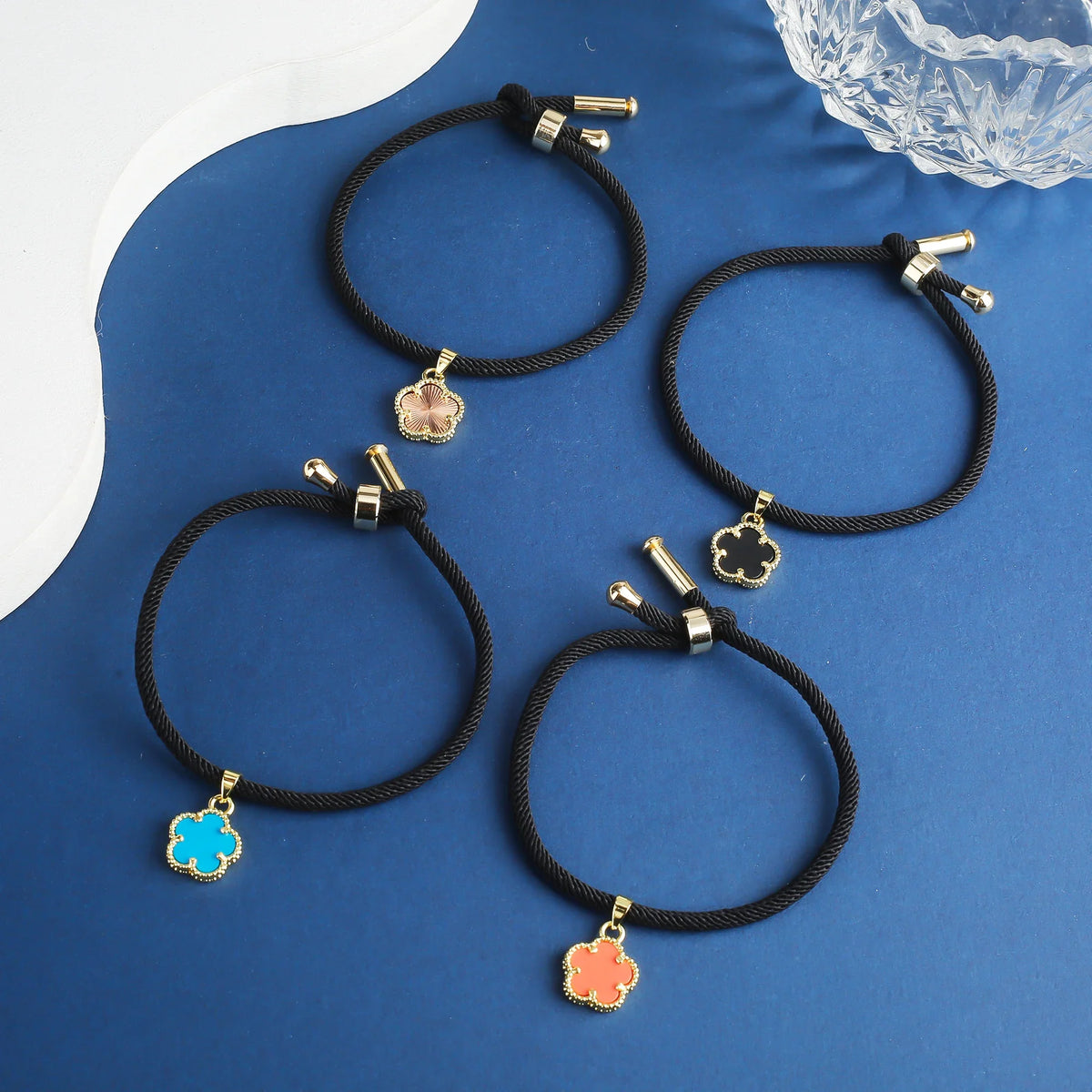 Black Rope Braided Natural Stone Five Leaf Flower Bracelet Stone Flower Bracelet Qme