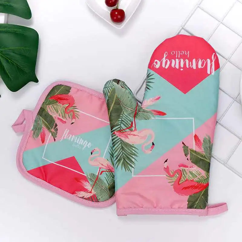 Flamingo Print Oven Mitts – Heat-Resistant Kitchen Gloves Oven Mitts Qme green