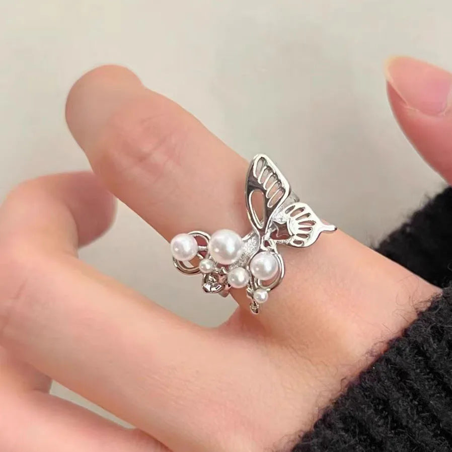 Silver Hollow Butterfly Pearl Open Adjustable Ring Fashion Ring Qme
