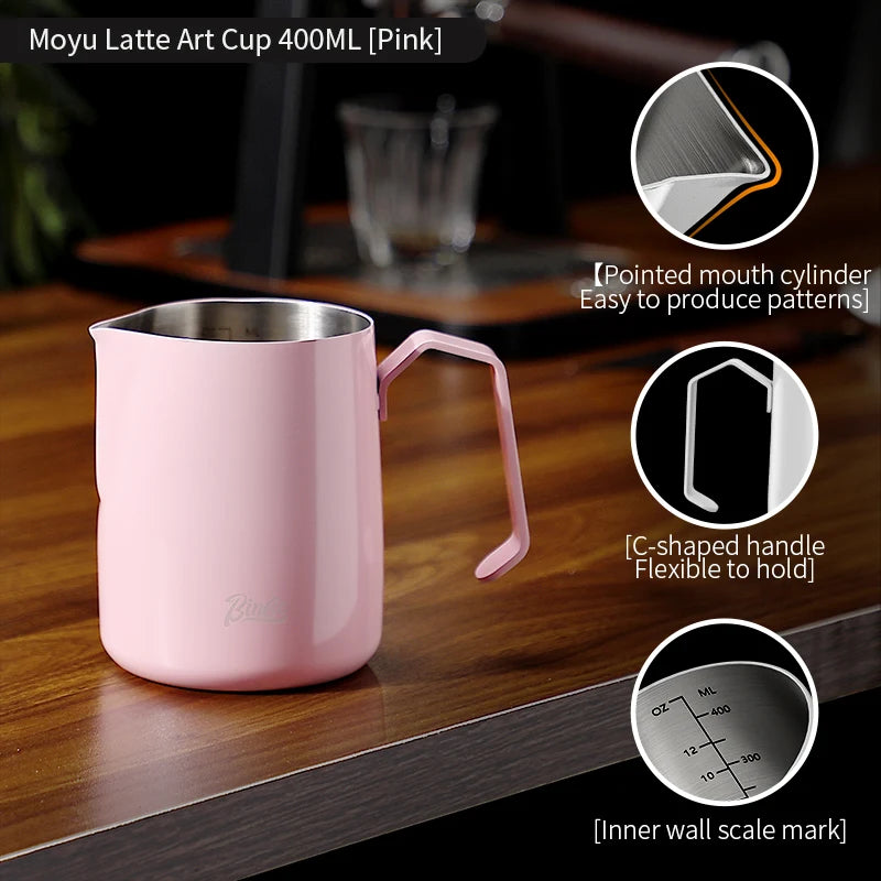 Bincoo Milk Frothing Pitcher Sharp Spout 400ml/600ml Stainless Steel Milk Frothing Pitcher Qst Pink 400ml