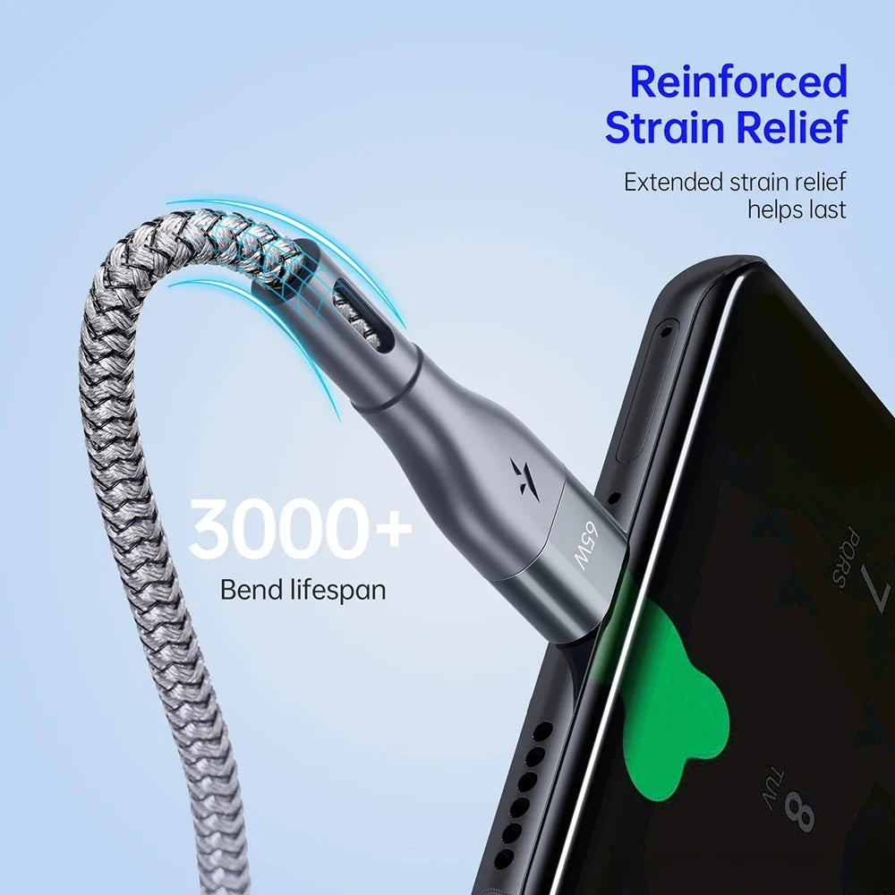 USB-C 65W PD Fast Charging Cable 1m 2m 3m – Braided USB-C Charging Cable Qme