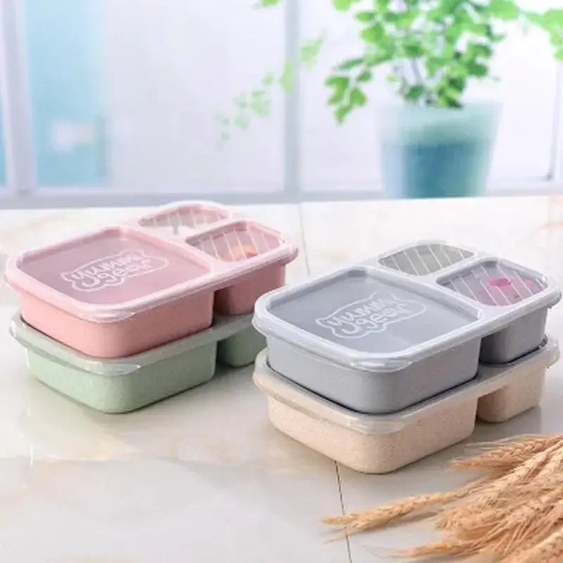 Wheat Straw Lunch Box 3-Grid Microwave Safe | Portable Lunch Box Qme