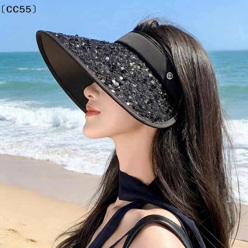 Sequin Wide Brim Sun Visor Hat – UPF 30+ Foldable Open Top Sun Visor Hat Qst