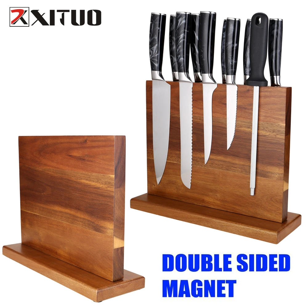 Magnetic Knife Block Holder – Acacia Wood Double-Sided Rack Magnetic Knife Block Qst