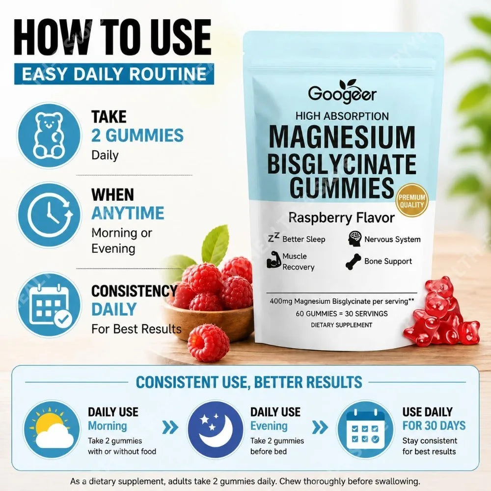 Googeer Magnesium Bisglycinate Gummies – Vitamin D3 & Zinc 60ct Mineral Supplement Gummies Qst
