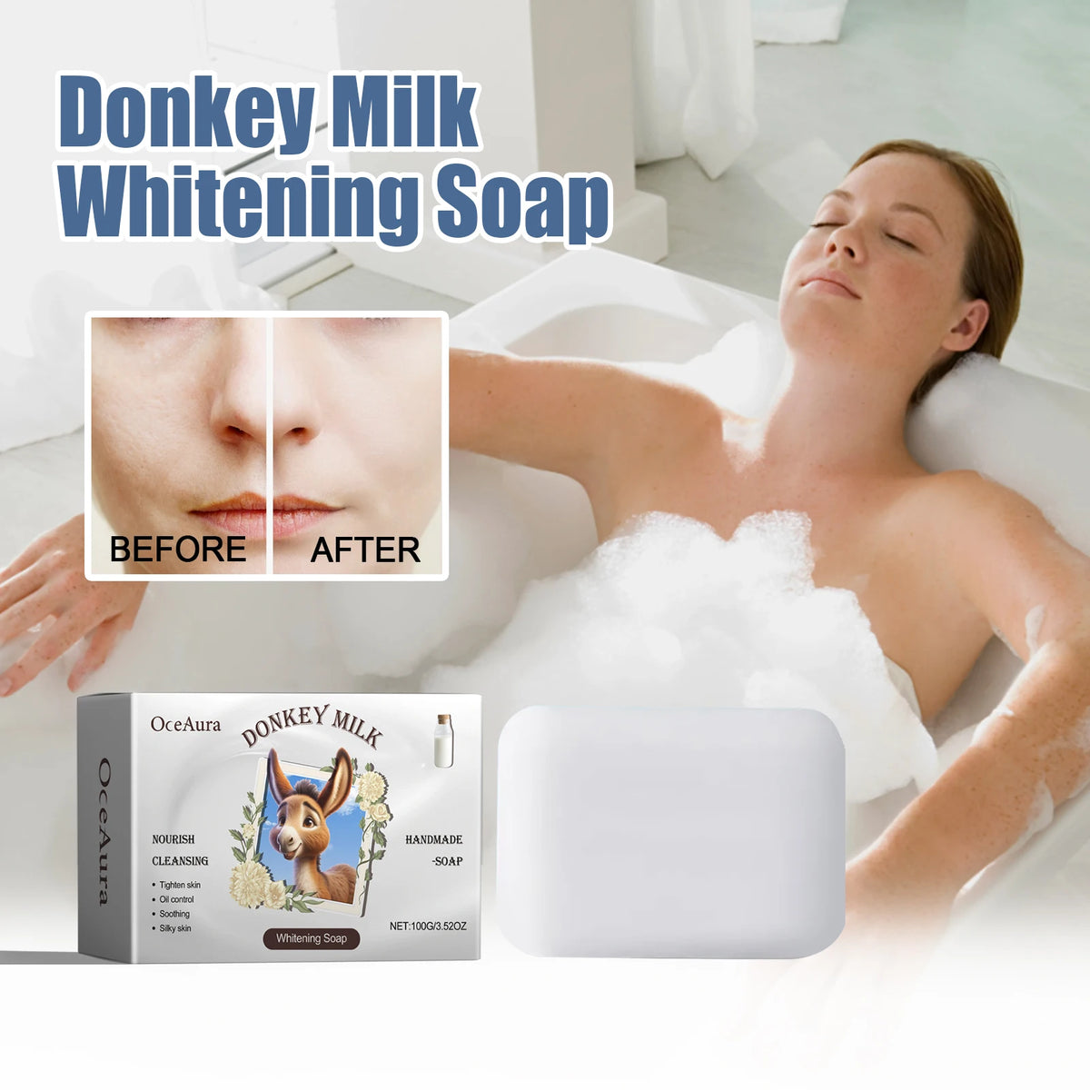 OCEAURA Donkey Milk Whitening Soap – All Skin Types Whitening Bar Soap Qst