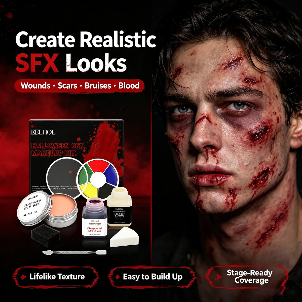 Halloween SFX Makeup Kit – Scar Wax, Blood Gel & Liquid Latex SFX Makeup Kit Qme