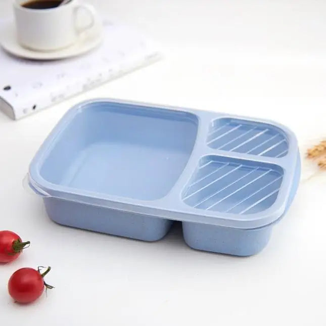 Wheat Straw Lunch Box 3-Grid with Lid | Microwave Safe, 1000ml Lunch Box Qme Blue 1Pcs