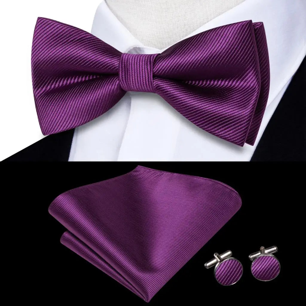 Men's Silk Bow Tie, Pocket Square & Cufflinks Set – Purple Bow Tie Gift Set Qme LDLH0597
