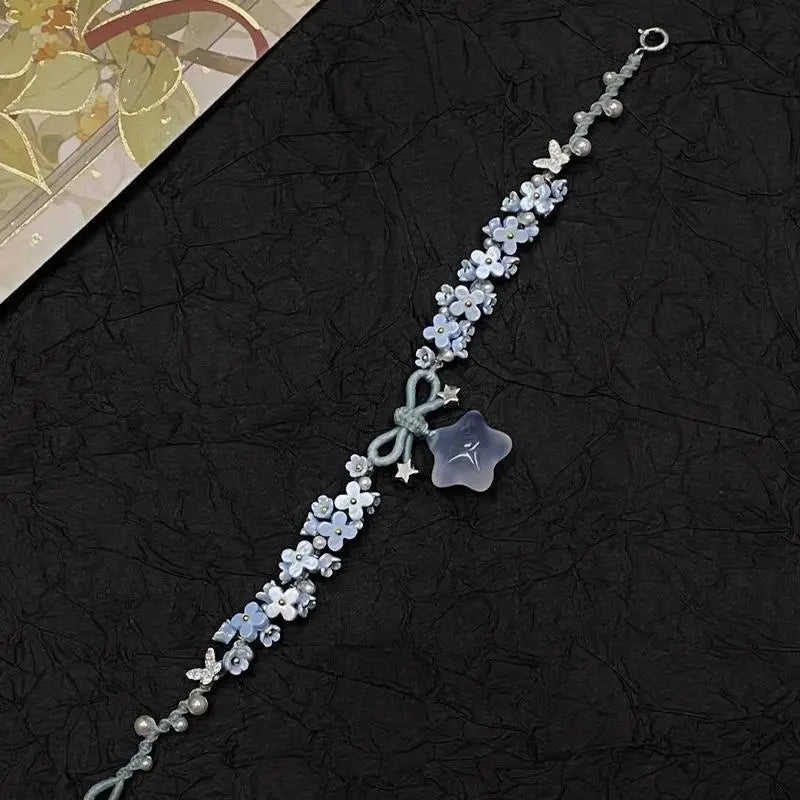 Blue Flower Braided Bracelet – Star Butterfly & Faux Pearl Braided Charm Bracelet Qme