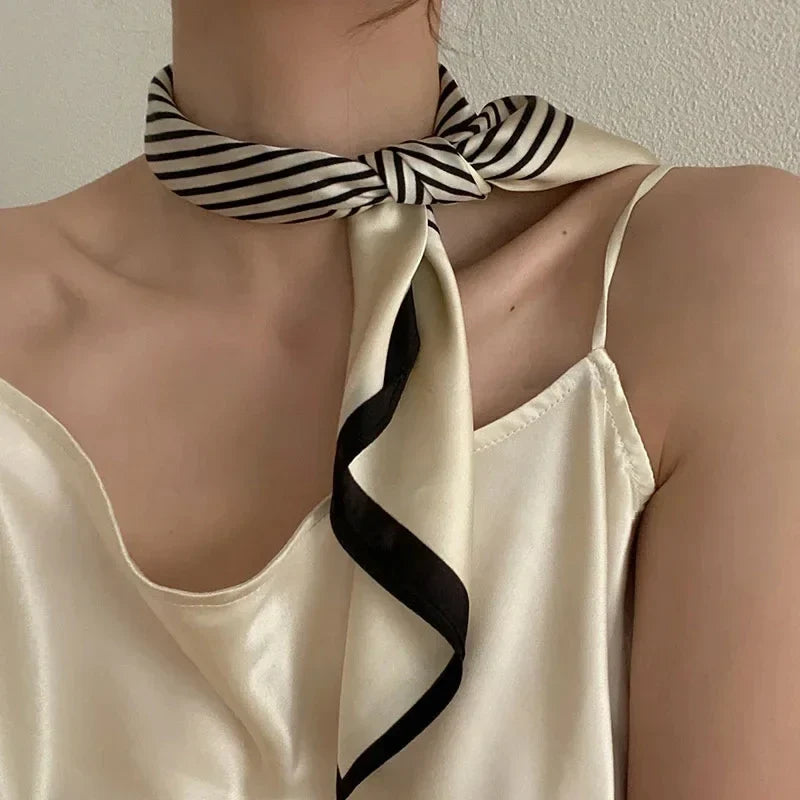 Women's Silk-Feel Square Scarf – Black & White Stripes Silk Square Scarf Qme