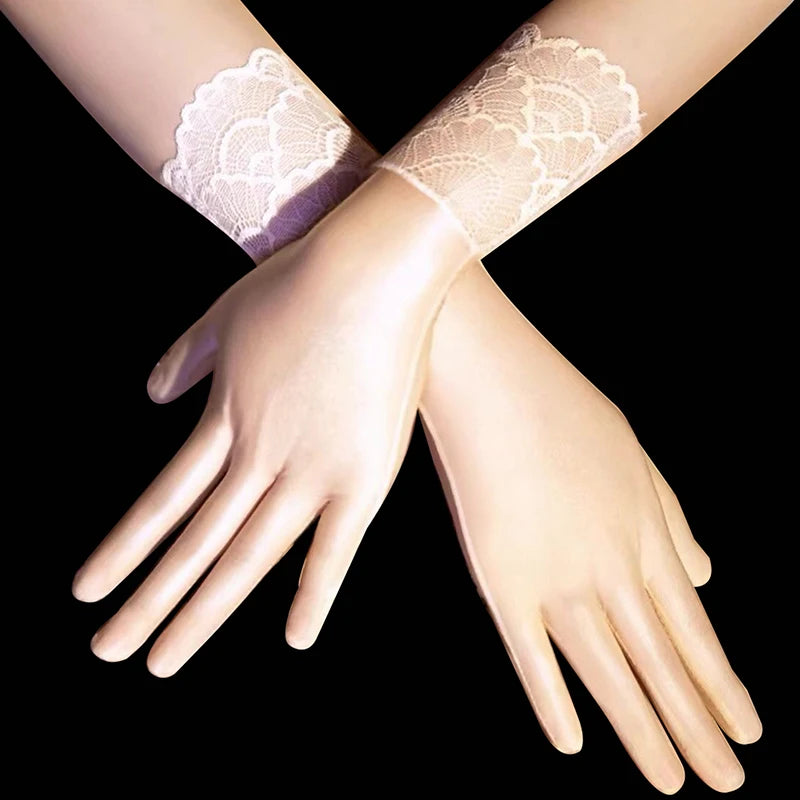 Women's Oil Glossy Ultra-Thin Elastic Wrist Gloves Fashion Wrist Gloves Qst skincolor lace trim