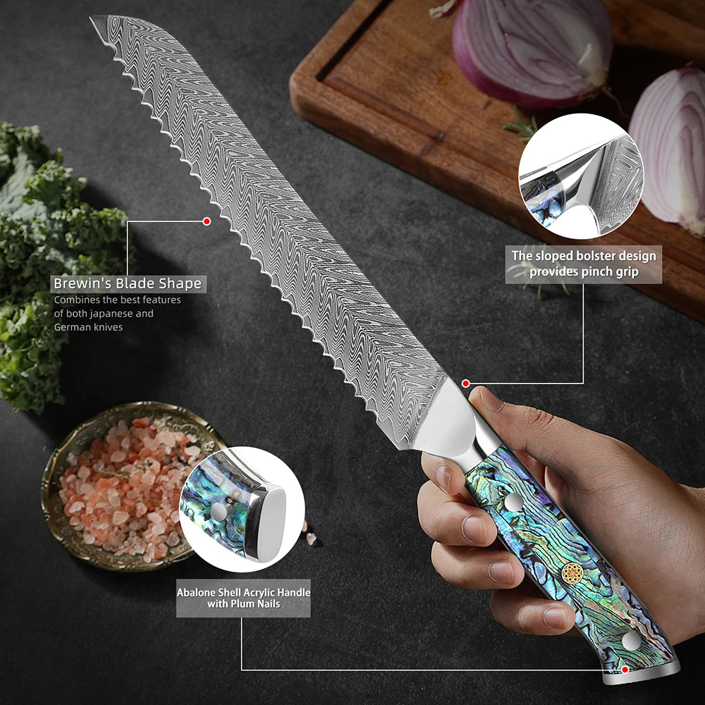 XITUO 8-Inch Damascus Serrated Bread Knife – VG-10 Steel Serrated Bread Knife Qst