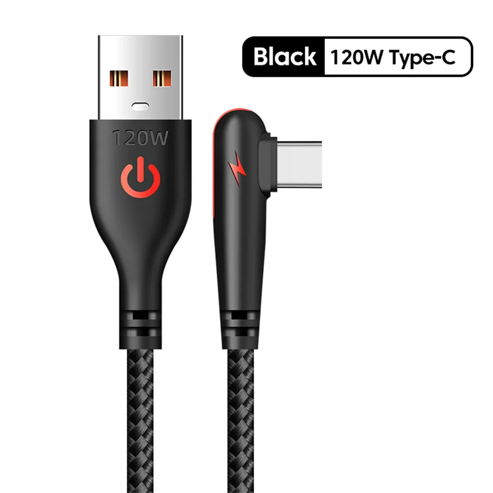 120W USB-C Fast Charging Cable | Nylon Braided, 90° Elbow USB-C Charging Cable Qme Black 0.25m