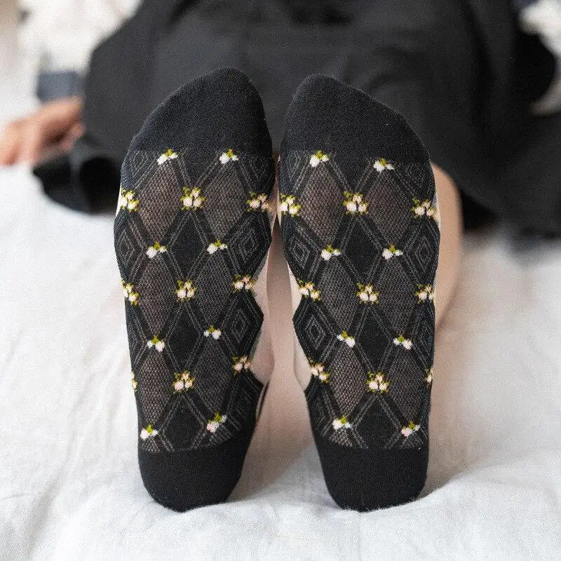Women's Sheer Floral Glass Stockings – Thin Summer Hosiery Sheer Floral Stockings Qme
