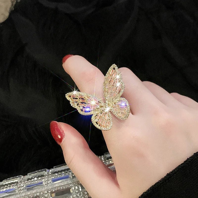 Silver Zircon Butterfly Open Ring – Adjustable Women's Cocktail Ring Cocktail Ring Qme
