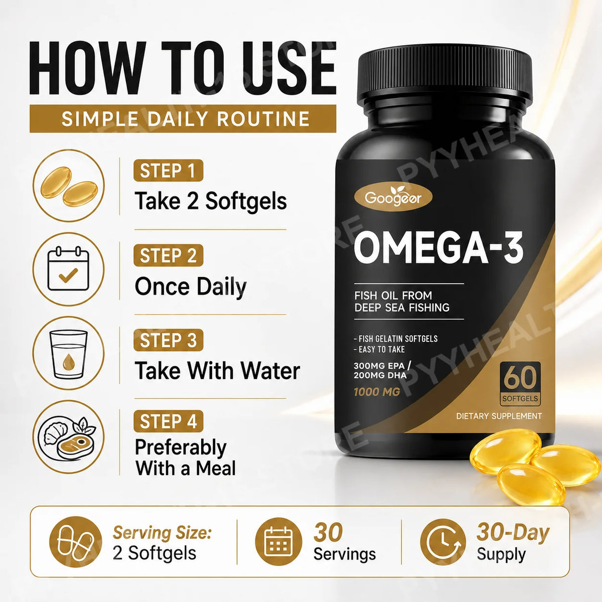 Googeer Omega-3 Fish Oil Softgels EPA 300mg DHA 200mg 60ct Fish Oil Supplement Qst